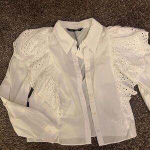 Zara White Ruffle Eyelet Blouse
